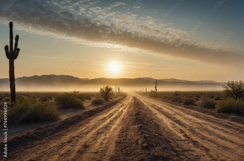 sunset in the desert and dirt road landscape