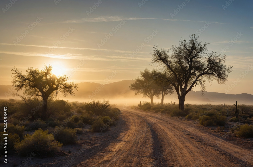 sunset in the desert and dirt road landscape