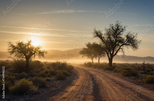 sunset in the desert and dirt road landscape