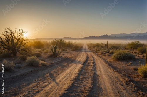 sunset in the desert and drirt road landscape