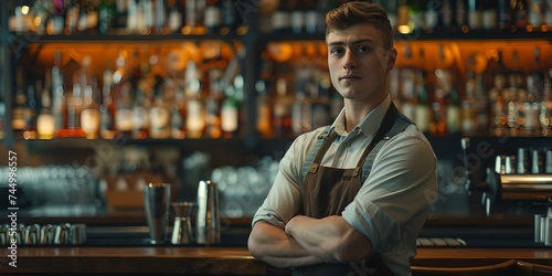 Confident young bartender standing behind bar. modern hipster bar interior. professional service industry. casual work attire. AI