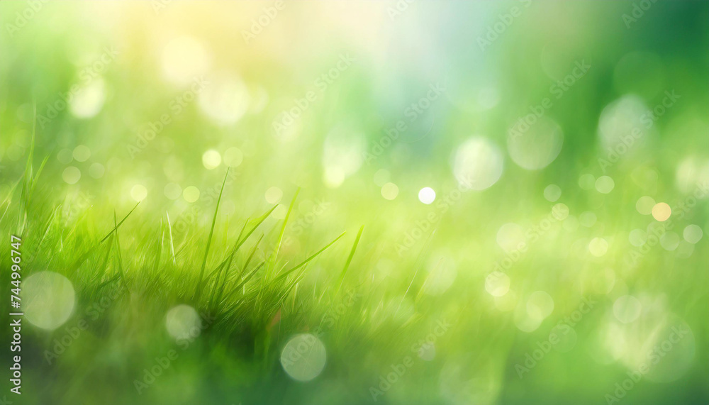 Obraz premium Close-up of fresh green grass with dew on a blurred bokeh lights background