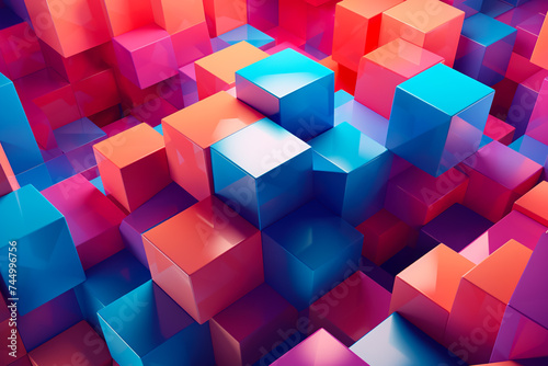 A 3D geometric abstraction with a gradient color scheme. The shapes are cubes and tetrahedrons