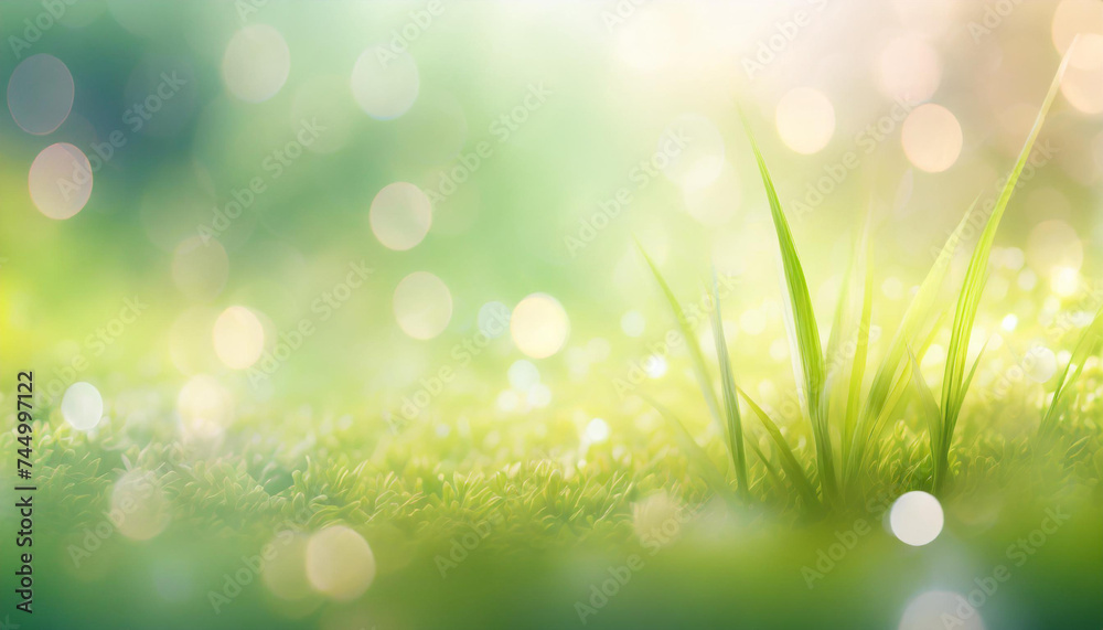 Obraz premium Close-up of fresh green grass with dew on a blurred bokeh lights background