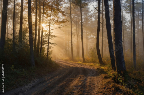 morning sunlight in the forest and dirt road landscape