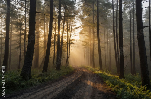 morning sunlight in the forest and dirt road landscape © Magic Art