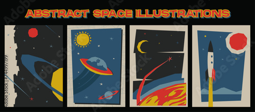 Abstract Space Illustrations. Space Rocket, Flying Saucer, Planets