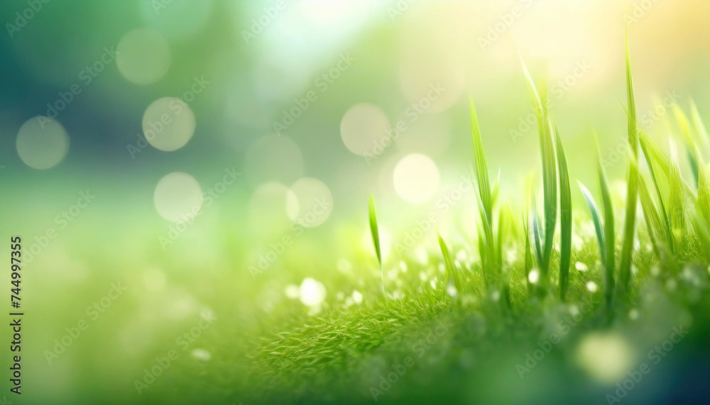 Close-up of fresh green grass with dew on a blurred bokeh lights background