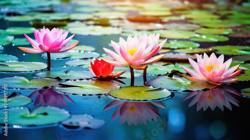 Colorful Lotus on the Lake Water: Vibrant Water Lily Flowers Bloom Colors Reflecting in the Pond