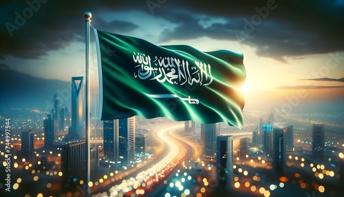 Illustration of the saudi arabian flag waving at dusk with a city lights bokeh background. photo