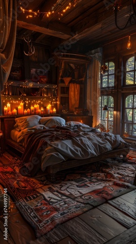 A bedroom with a bed and a lot of candles