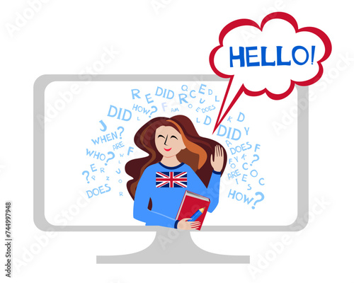 Learning english. Online english lesson for pupils and students. Video course, distance education, web seminar, internet class, personal teacher service. Illustration for book, dictionary, vocabulary.