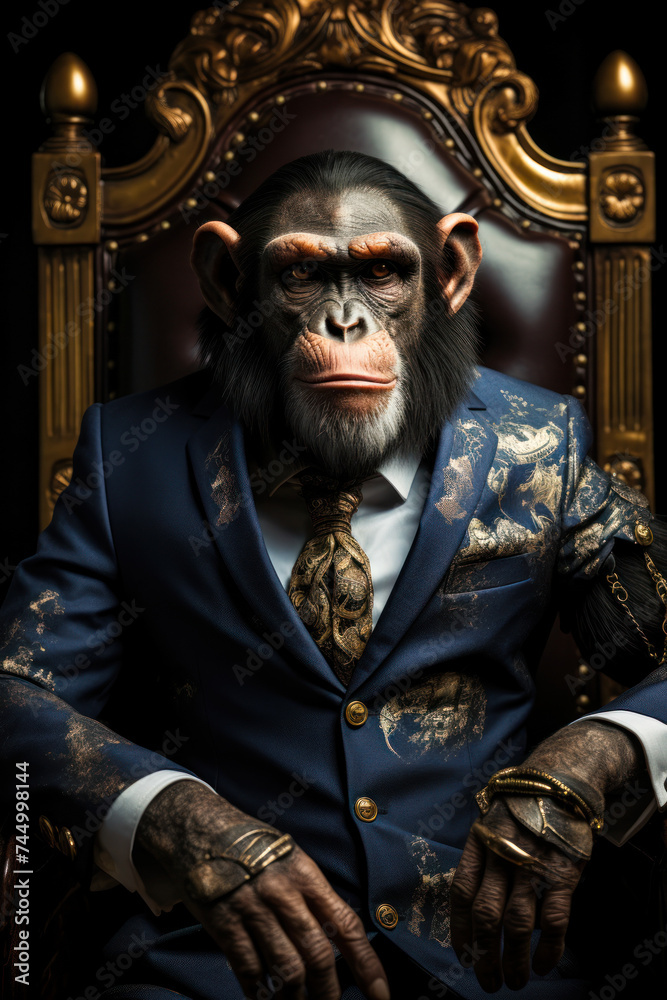 Regal Chimpanzee in Elegant Suit and Tie, Sitting on a Throne, Symbolizing Authority and Intelligence in Animal Kingdom with a Human Twist