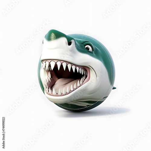 A stylized shark  rendered in high detail  clutches a volleyball with its fierce teeth. Its aggressive expression and dynamic pose suggest action and competitiveness.