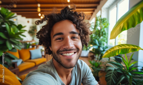 Cheerful young man taking a selfie in a bright, plant-filled living room, exuding a vibe of casual comfort and modern home lifestyle
