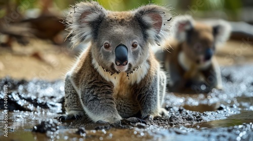 delightful image of playful koalas enjoying a mud pool, showcasing their fluffy ears and adorable clingy postures © Tina