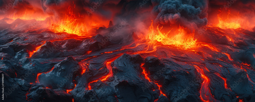 Intense volcanic landscape with molten lava flows and rugged black terrain, depicting nature's fury and raw energy in a panoramic dark fiery setting Intense volcanic landscape with molten lava flows and rugged black terrain, depicting nature's fury and raw energy in a panoramic dark fiery setting