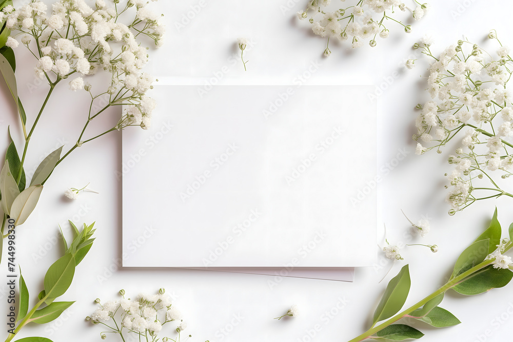 white greeting card with flowers mock up high angle view directly above decoration