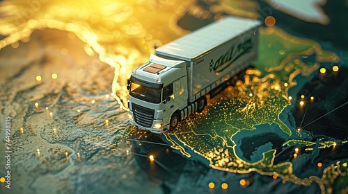 GPS tracking from top view moving truck with container on a map. Business background. Distribution and delivery concept. 