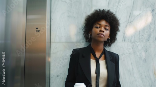 African American business woman posing in elevator with cup of coffee photo