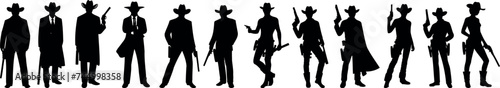 Cowboy silhouette, western, iconic figures, diverse cowboy poses, actions, thematic designs photo