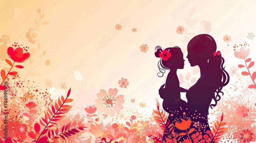Mother and child with flowers, copy space Mother and child with flowers, copy space