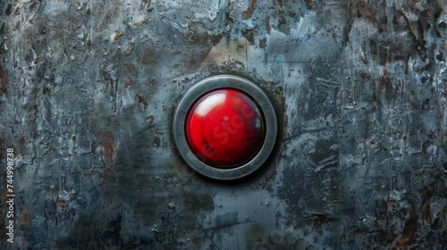 Red button on a dark concrete background. Press and start