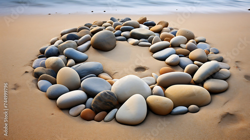 Show me a picture of stones on a sandy beach, shaped by the tide.