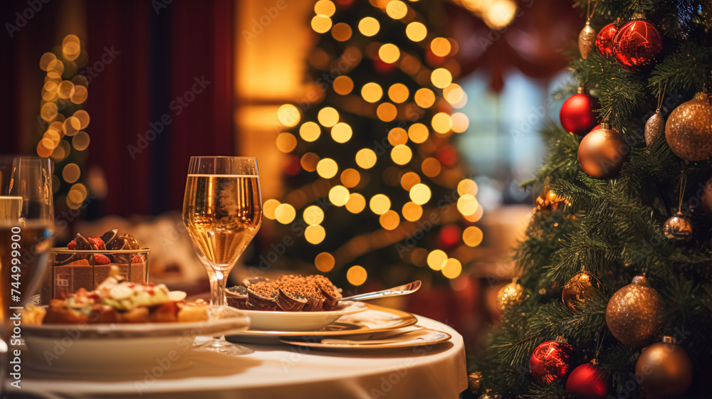 Christmas holidays and New Year celebration, dinner table at a luxury English styled restaurant or hotel, wine, appetisers and Christmas tree decoration, holiday party and event invitation