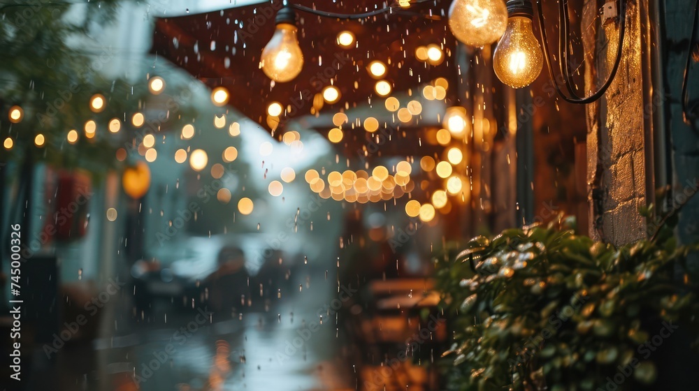 dramatic rain sky backdrop, bathed in the soft and muted glow of cafe lights, creating a cozy and comforting ambiance during urban rainfall dramatic rain sky backdrop, bathed in the soft and muted glow of cafe lights, creating a cozy and comforting ambiance during urban rainfall