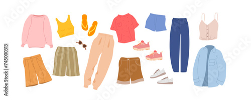 Summer outfit, shorts, trousers, tops, footwear. Fashion modern casual clothes for vacation, gym, spring, summer trendy cartoon vector illustration isolated on white background. Fashion clothes set