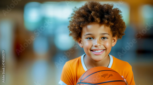 A small dark-skinned boy with a basketball against the background of a gym in a junior school. The concept of physical health and sports in primary school children. photo