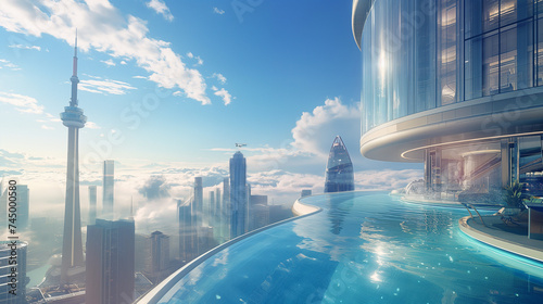 modern city skyline with large apartment with big pool