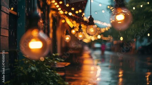 dramatic rain sky backdrop, bathed in the soft and muted glow of cafe lights, creating a cozy and comforting ambiance during urban rainfall