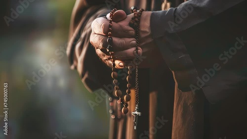 Closeup of monk's hands holding a rosary photo