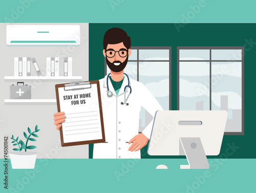 Hospital service concept flat vector illustration. The doctor examines, advises, and dispenses medications to patients in the hospital examination room. Hospital service concept a flat vector