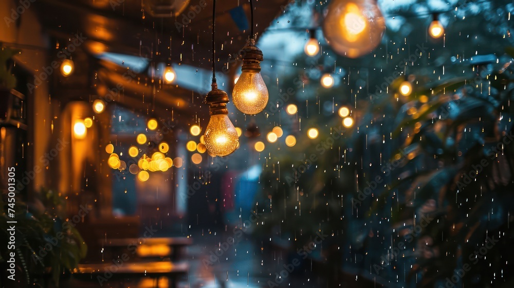 dramatic rain sky backdrop, bathed in the soft and muted glow of cafe lights, creating a cozy and comforting ambiance during urban rainfall dramatic rain sky backdrop, bathed in the soft and muted glow of cafe lights, creating a cozy and comforting ambiance during urban rainfall