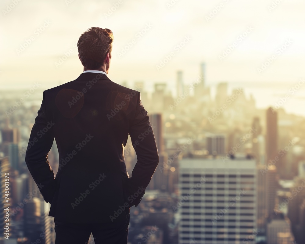 High profile businessman standing against a backdrop of a skyline