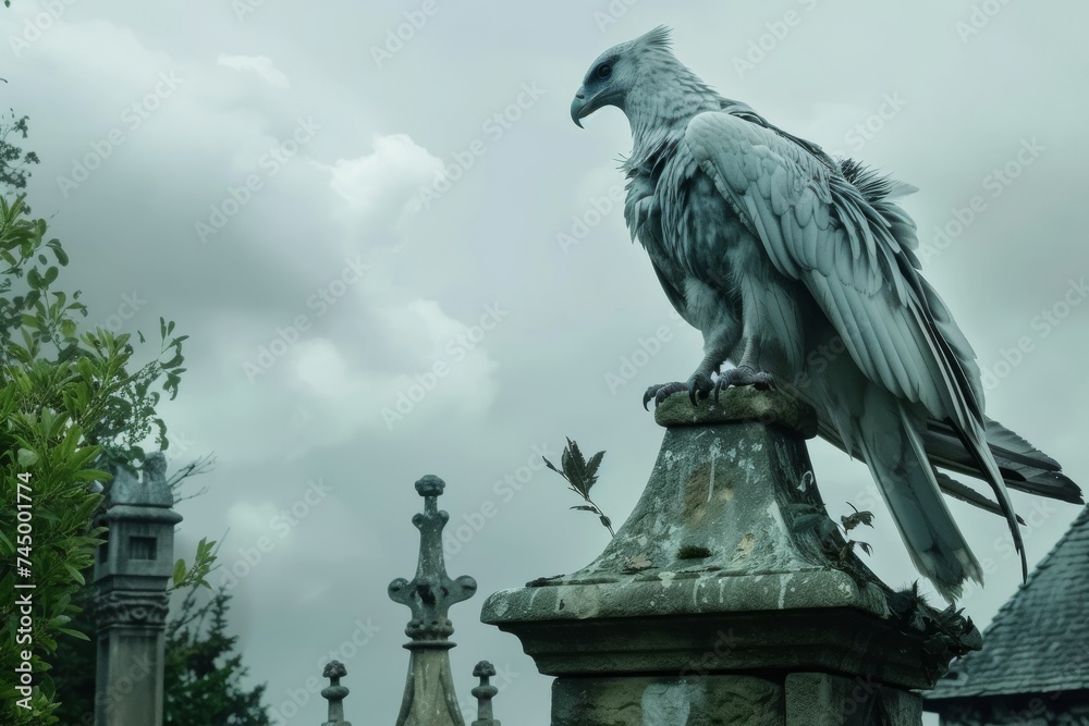 Fototapeta premium Hippogriff perched atop a lofty magical tower