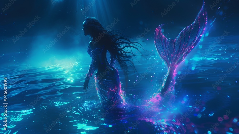 A mythical being resembling a neon infused mermaid dwelling in the depths of the ocean