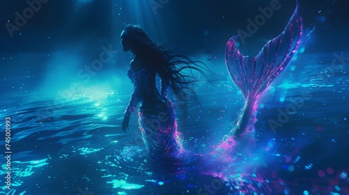 A mythical being resembling a neon infused mermaid dwelling in the depths of the ocean photo