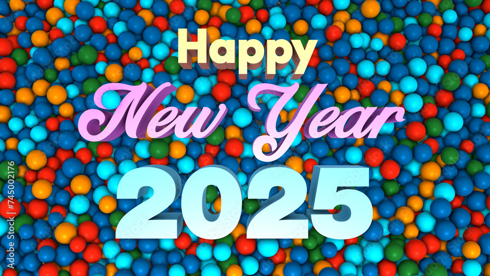 High Angle View Happy New Year 2025 3d Lettering On Blue Colorful Ball Pit Balls Background 3d Rendering