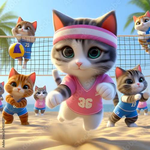 a small kitty is playing volleyball with other kitties