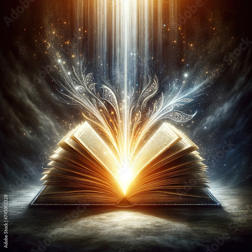 A book opens, revealing a bright light, symbolizing knowledge, enlightenment, and a new journey.