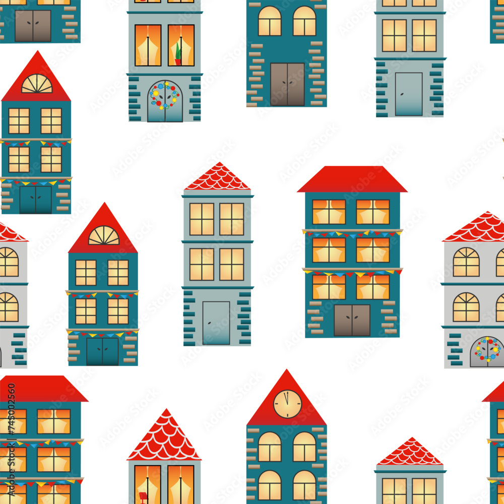 Seamless pattern with hand drawn city. Many cute different houses with red roof on white background. Design for fabric, packaging paper, cover, banner, poster. Seamless pattern with hand drawn city. Many cute different houses with red roof on white background. Design for fabric, packaging paper, cover, banner, poster.