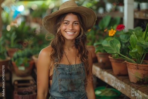 A happy woman in overalls and a hat smiles while browsing plants in a garden center. She admires houseplants and flowers in colorful flowerpots, surrounded by a lush landscape of grass