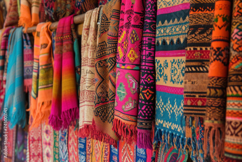Vibrant traditional textiles and patterns on display. Cultural diversity and craftsmanship. © Postproduction
