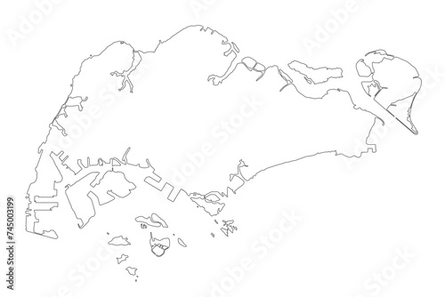 Singapore border map outline sketch isolated on white. Thin hand drawn black line contour. Vector clipart for banner background design, geography, travel or Singaporean events illustration.