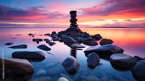 Show me stones near the ocean with a vibrant sky during twilight.