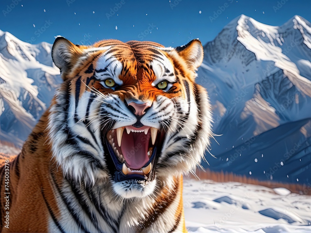 snarling siberian tiger in the snow